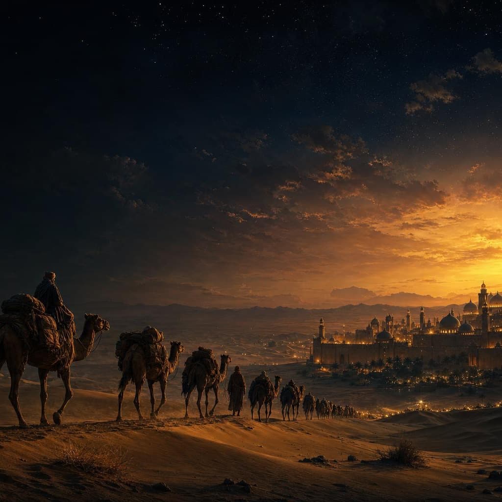 A caravan crossing the dunes at dusk